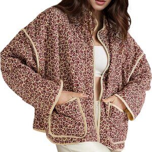 Stylish Red Cropped Puffer Jacket with Floral Print - Women's Fashion Essential